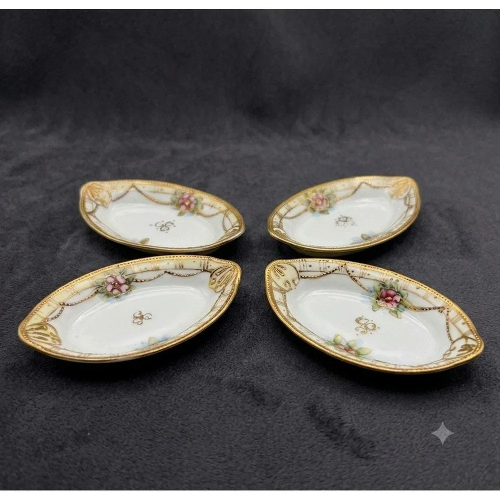 Nippon Morimura Brothers Hand Painted Gold Moriage Floral Butter Pats Set of 4